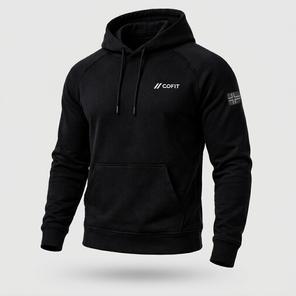 Cofit Track Hoodie i sort tung bomull med hvit Cofit-logo